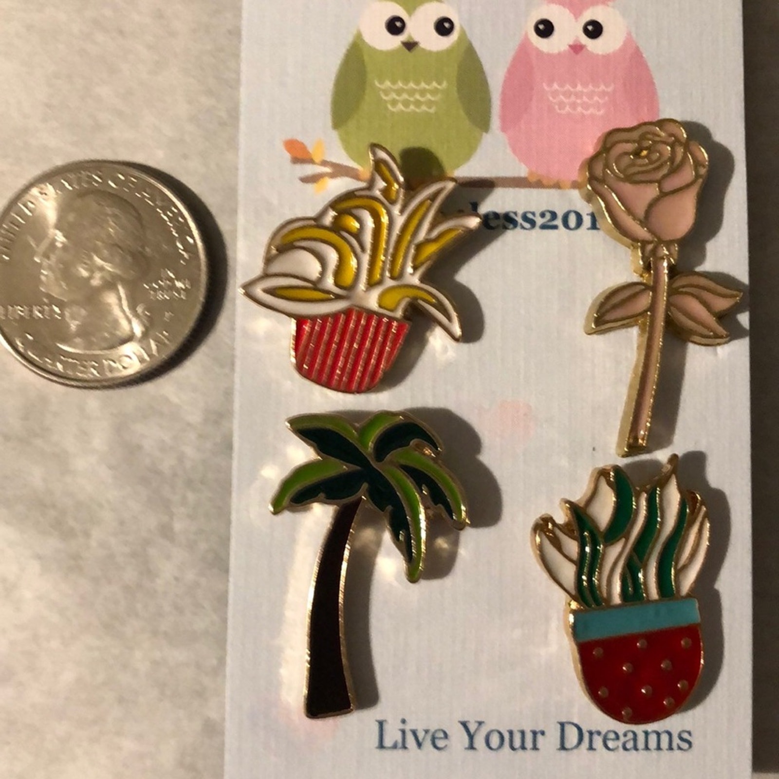 4 Piece Palm Tree Pink Rose Plant Pin Brooch